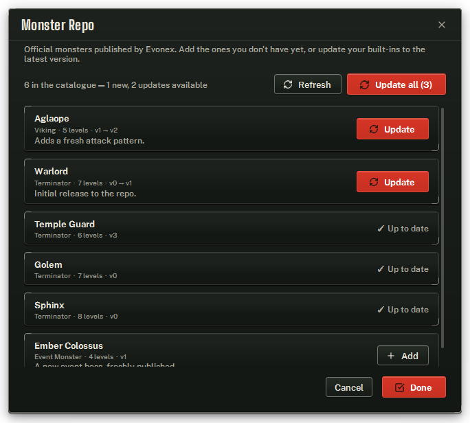 The Monster Repo: the catalogue summary, Refresh and Update all, and one row per published boss.