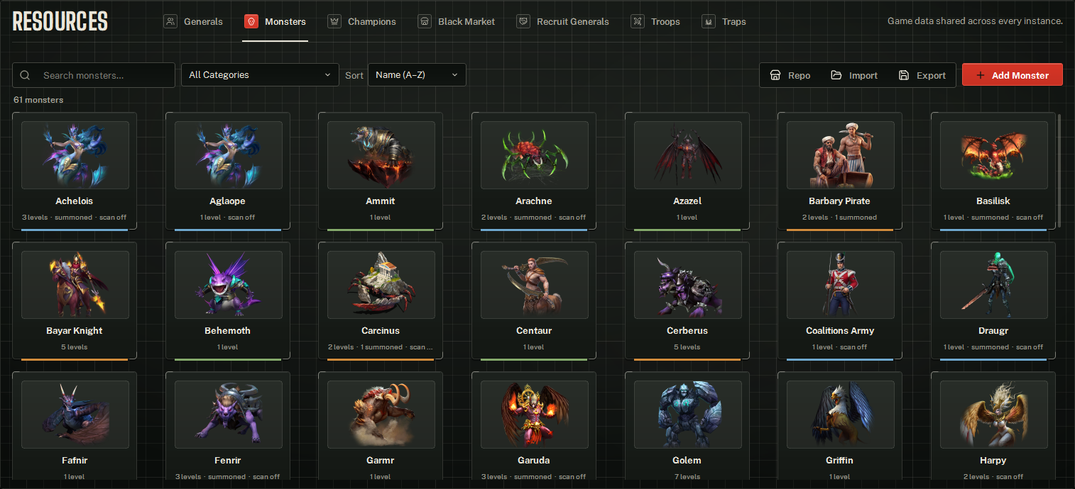 The Monsters library: search, category filter and sort on the left; Repo, Import and Export, then Add Monster on the right; one card per boss.