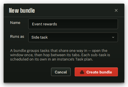 The New bundle dialog: Name, Runs as, Create bundle.
