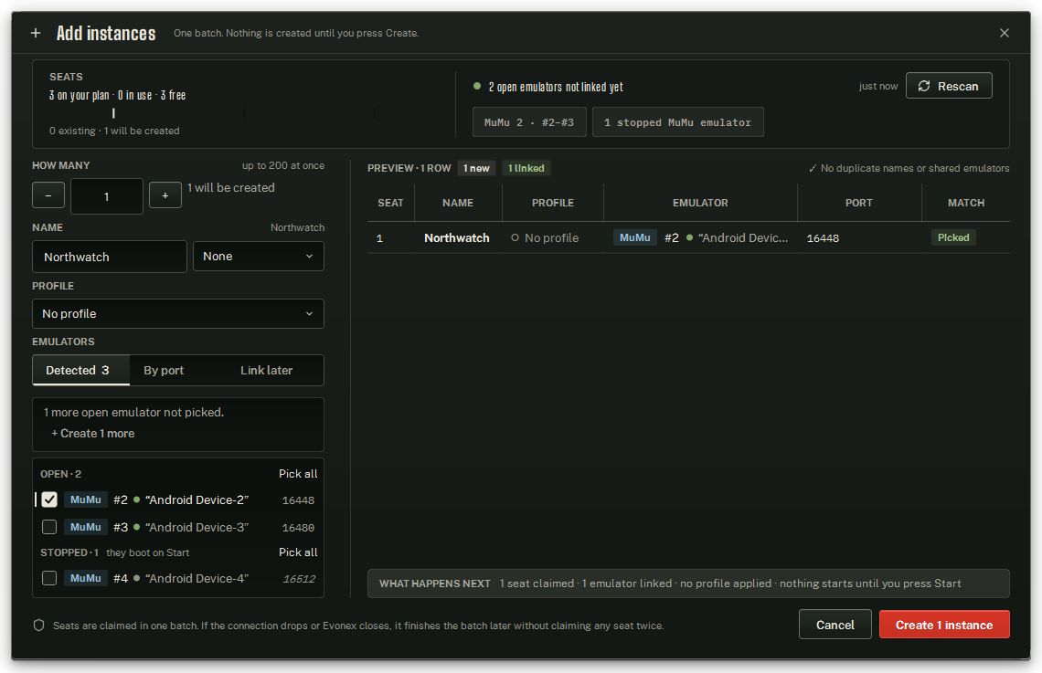 Add instances for one account: one emulator ticked under Detected, and the row the sheet will create.
