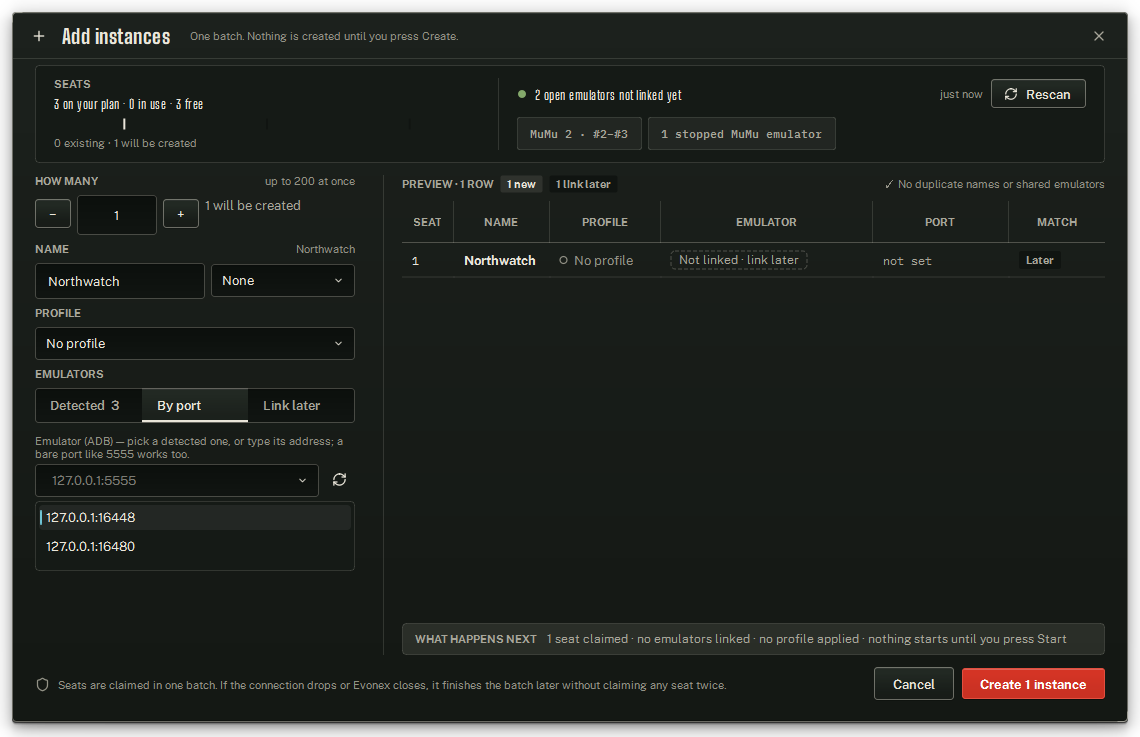 Add instances on By port: the Emulator (ADB) field, the addresses Evonex found, and the button that looks again.