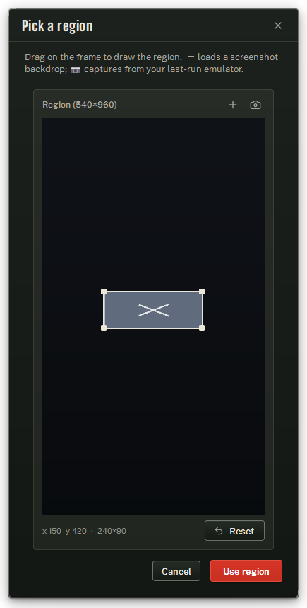 The Pick a region dialog: the 540 × 960 frame with a dragged box, Reset and Use region.