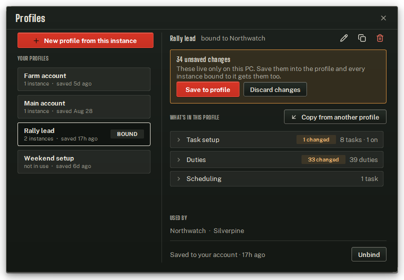 The Profiles dialog: your profiles on the left; the selected profile, its state and its contents on the right.
