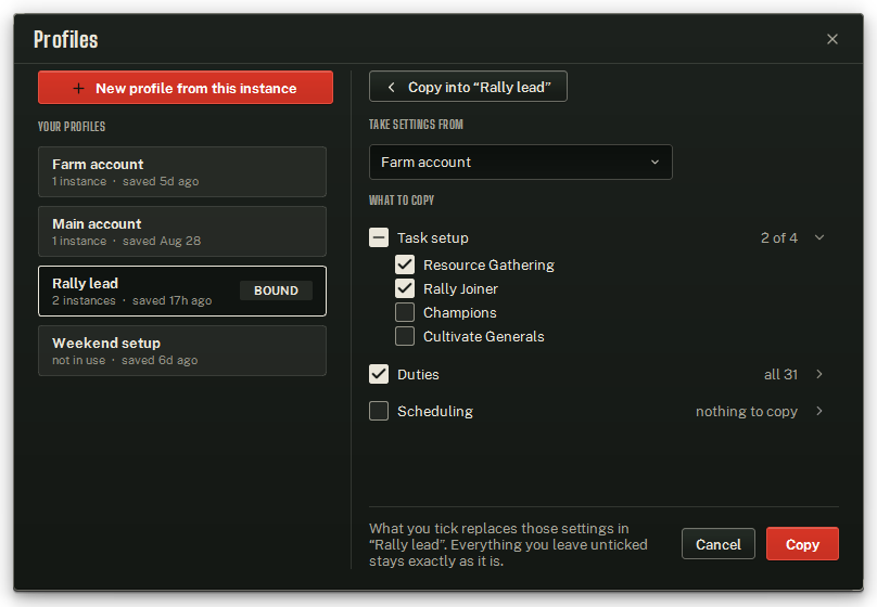 The copy page: pick a profile to take settings from, then what to copy.