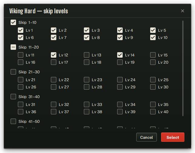 The levels window for a boss with many levels.