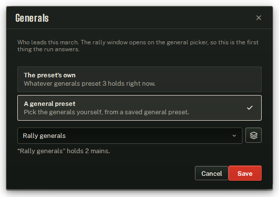 The Generals popup with A general preset chosen.