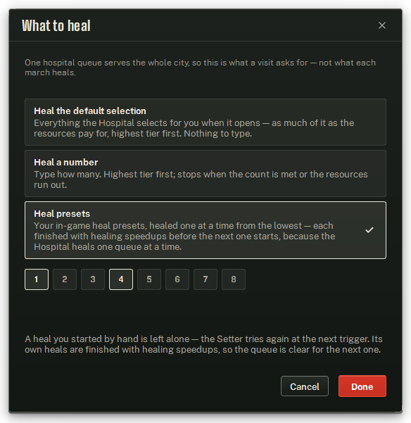 What to heal — the default selection, a number, or your heal presets.