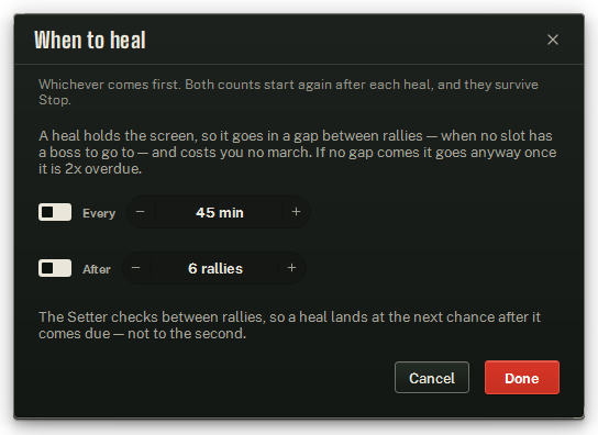 When to heal — a time trigger and a rally-count trigger.