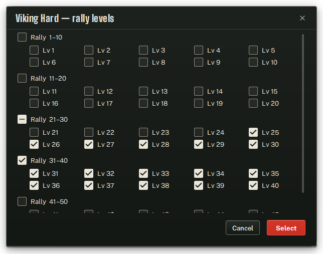 The level picker for a boss with many levels, in bands of ten.