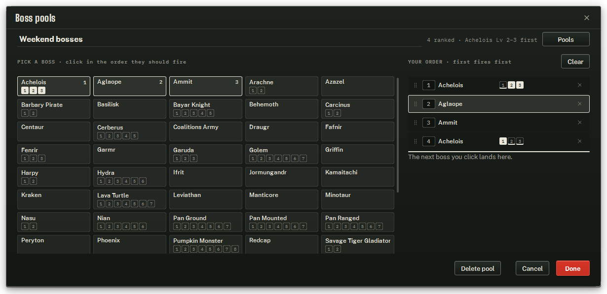 The Boss pools editor — click bosses on the left in the order they should fire; the order builds on the right.