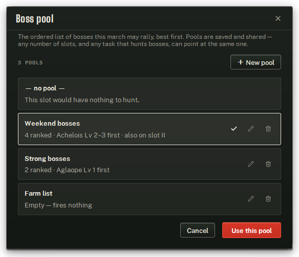 The Boss pool popup — pick which pool this slot hunts.