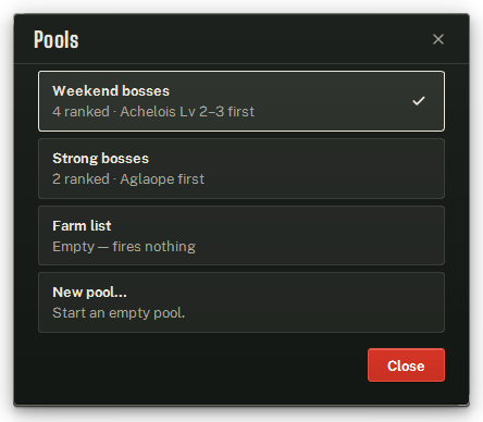 The Pools sheet — switch to another pool, or start a new one, without leaving the editor.