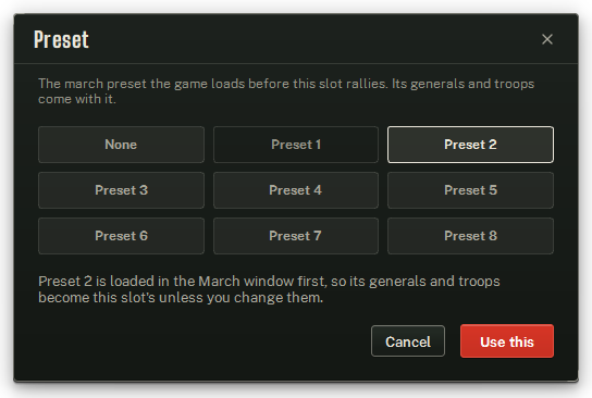 The Preset popup — None and presets 1 to 8.