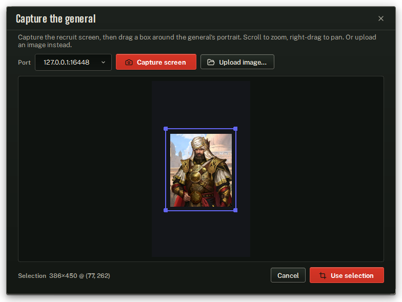 Capture the general: a picture taken from the game's Portraits view, with the general's art boxed.