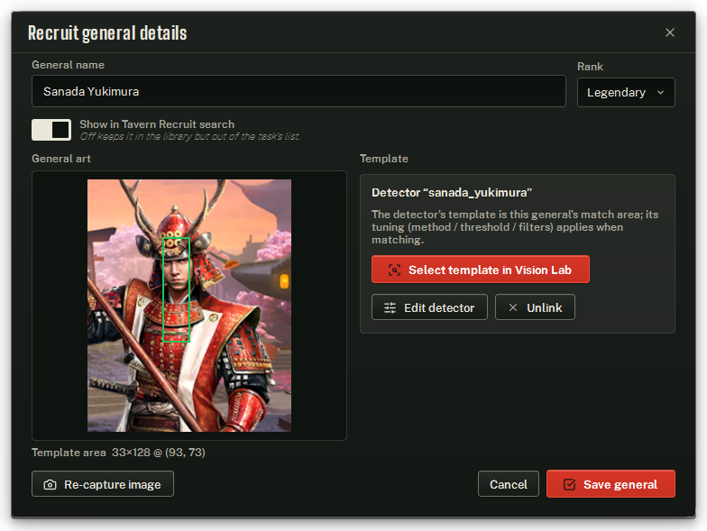 Recruit general details: name, rank, the search-list switch, the art with its template as a green box, and the template controls.