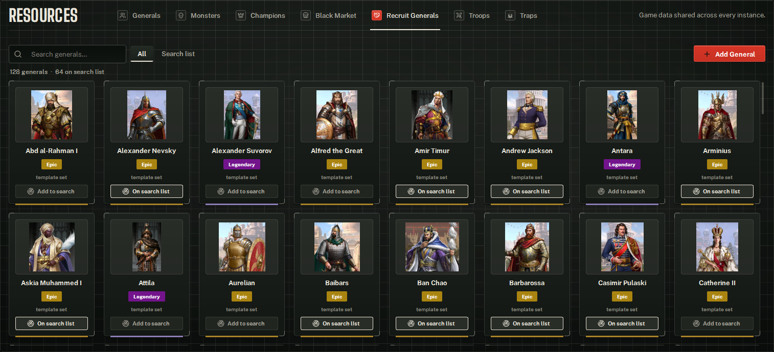 The Recruit Generals library: search, the All and Search list switch, Add General, and a card per general with its search-list toggle.