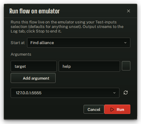 The Run flow on emulator dialog: Start at, Emulator and the Cancel / Run buttons.