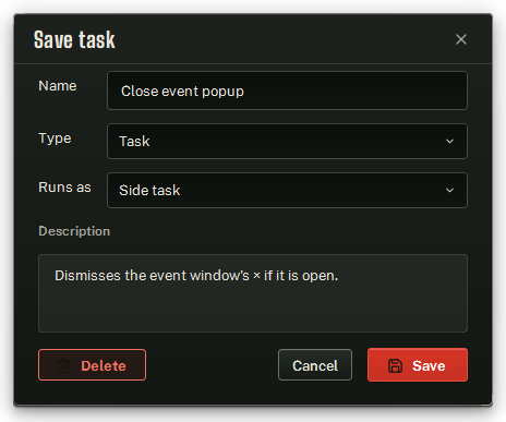 The Save task dialog: Name, Type, Runs as and Description.