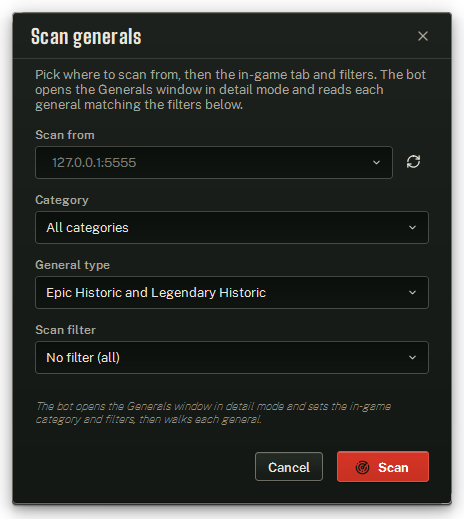 Scan generals: where to scan from, then the in-game tab and filters to read under.