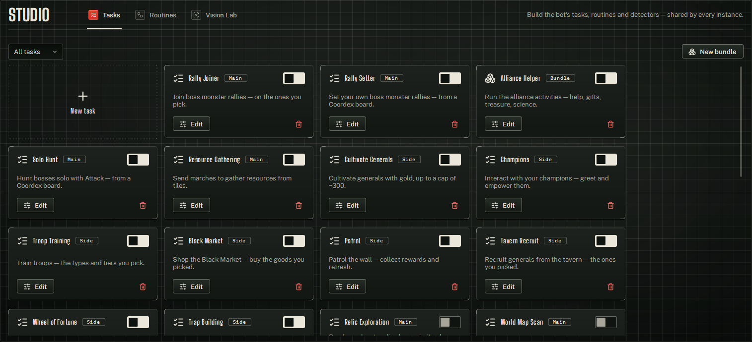 The Studio library on the Tasks tab: the New task card, then one card per task.