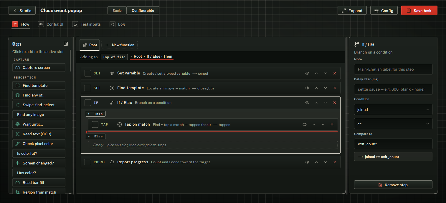 The Task Builder on the Flow tab: the Steps panel, the flow with a step selected, and the Inspector.