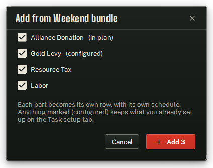 Add from a bundle — tick the parts that should join the plan.
