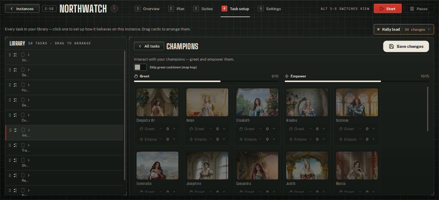 The Champions settings form on Task setup: the Skip greet cooldown switch and the two daily meters at the top, then one tile per champion.