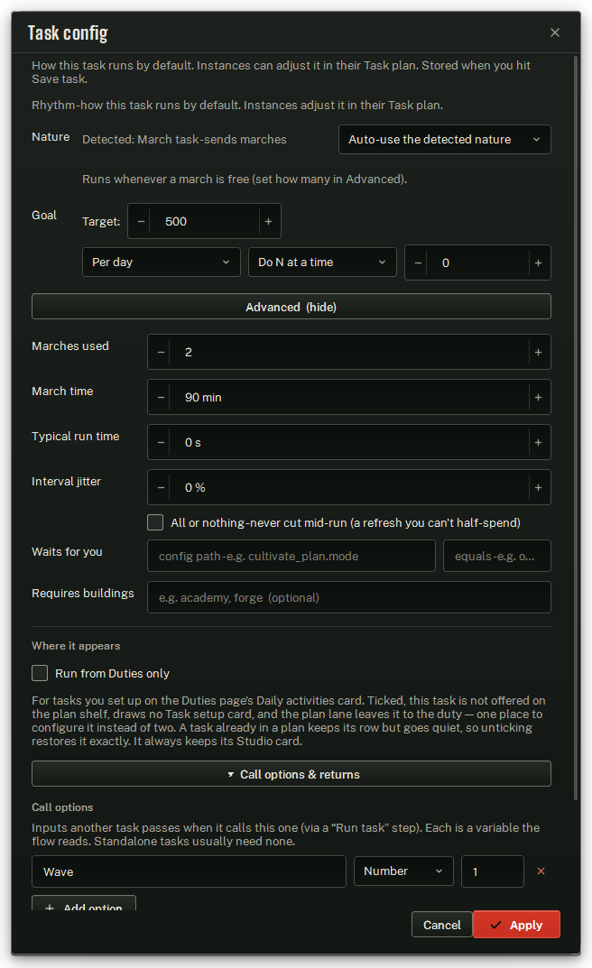 Task config for a task, with Advanced open.