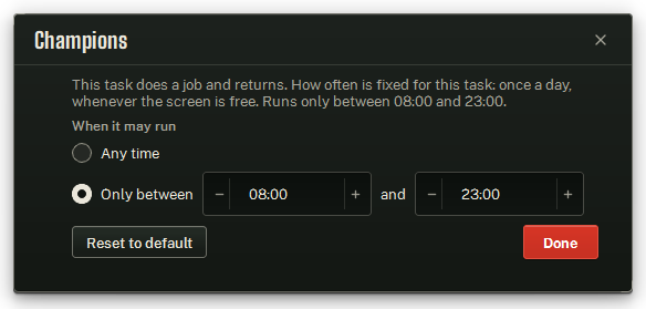 Champions’ settings window — a task with fixed timing, set to run only between 08:00 and 23:00.
