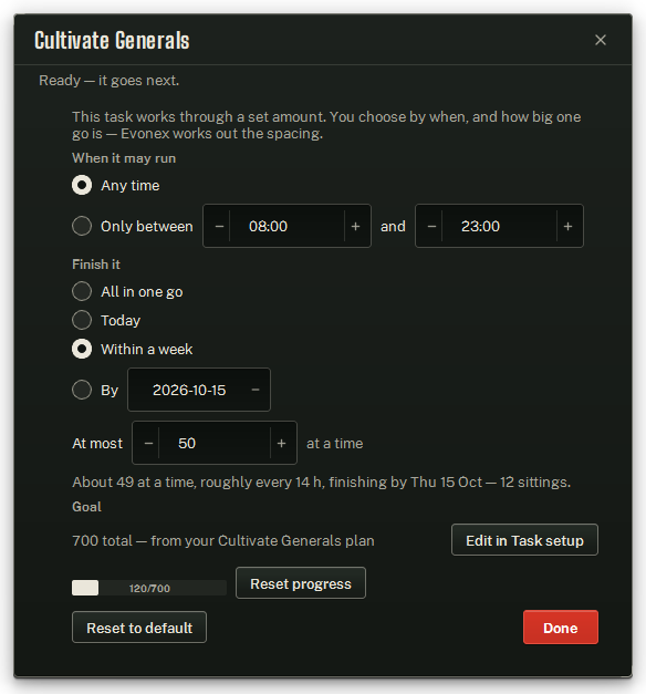 Cultivate Generals' Rhythm sheet: When it may run, Finish it, and the goal taken from Max cultivations.
