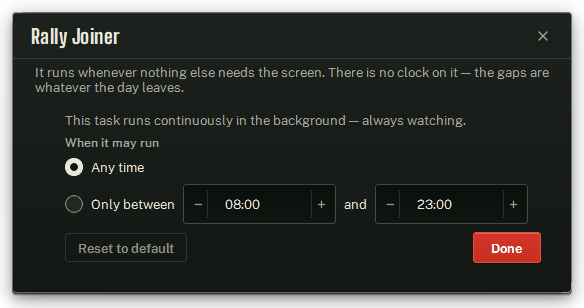 Rally Joiner's Rhythm sheet. A watcher only asks when it may run.
