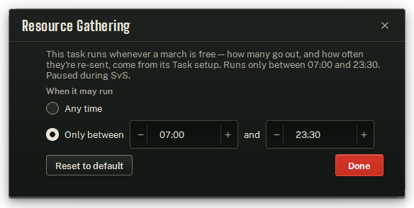 Resource Gathering's Rhythm sheet: opening hours, and nothing that fights your marches.