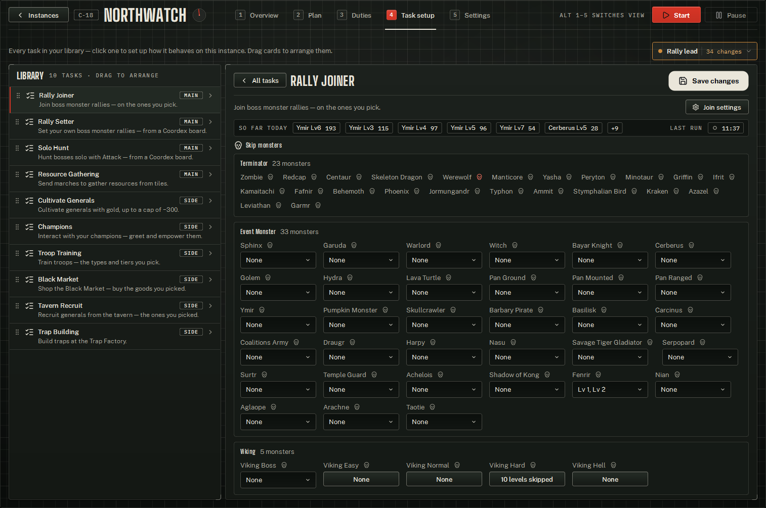 Rally Joiner on Task setup: the Join settings button and the Skip monsters picker.