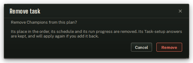 The confirmation behind a task row’s bin button.