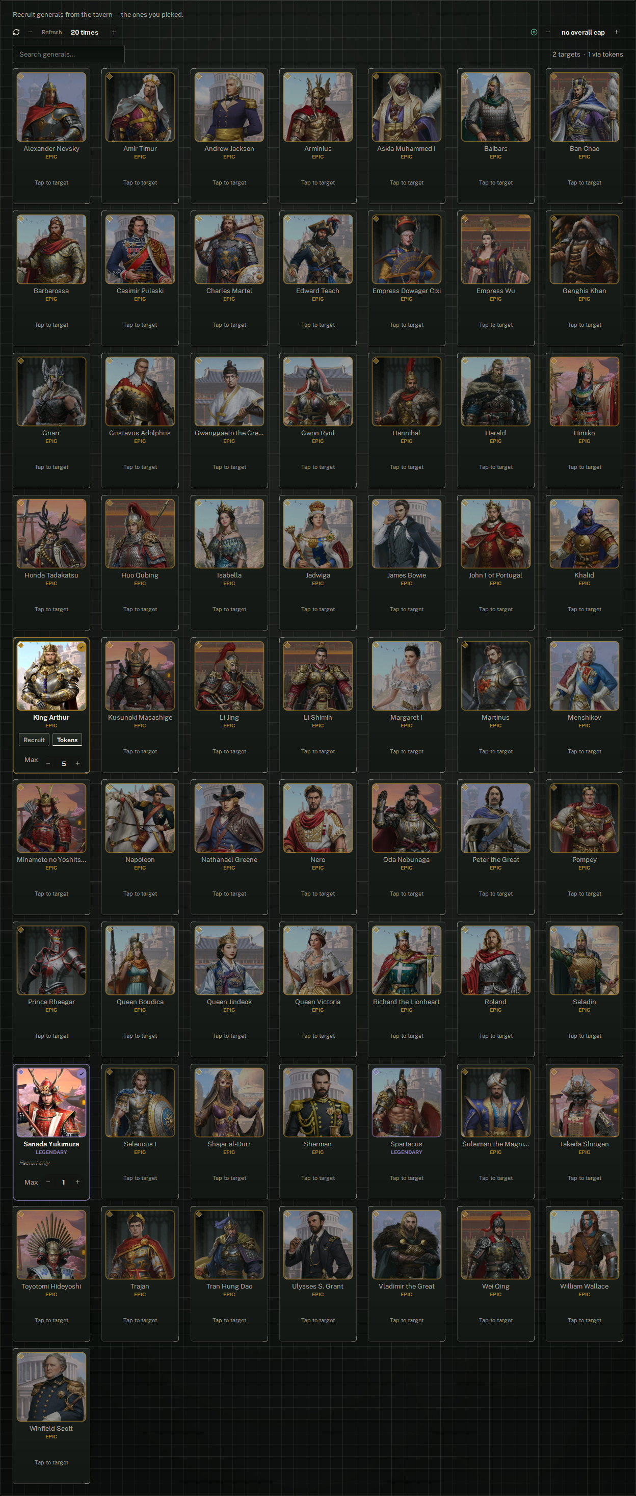 The Tavern Recruit form: the Refresh and buy-cap capsules, the search, and one tile per general on your search list.