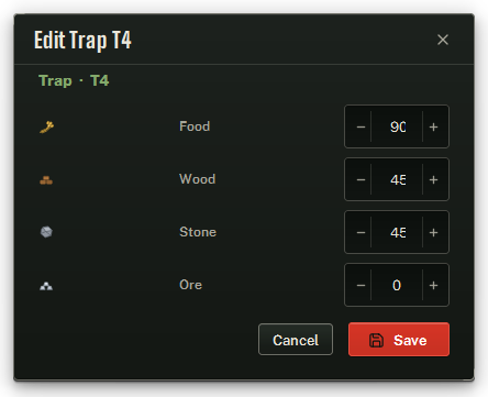 Editing a single trap row: its four resource costs.