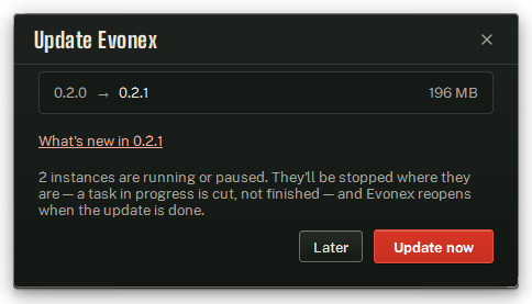 The Update Evonex window.