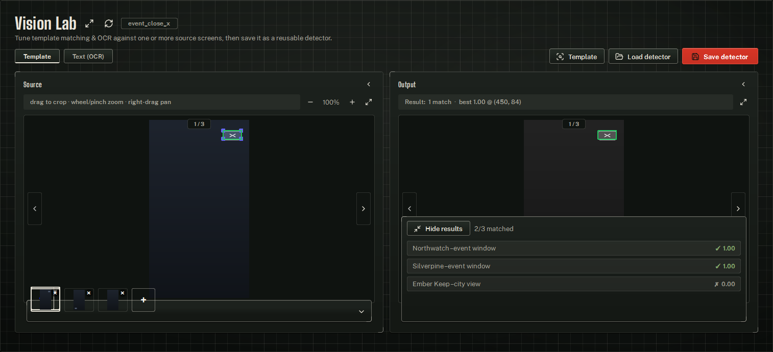 Vision Lab in Template mode: the Source card with its tray of sources, and the Output card with the live result.
