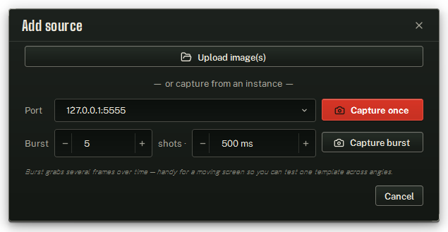 The Add source dialog: Upload image(s), Port, Capture once, and Burst · shots · ms.