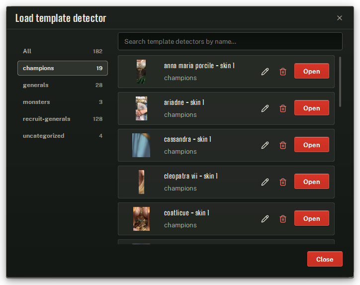 The Load template detector dialog: category list, search, and a row of saved detectors with Rename and Delete.