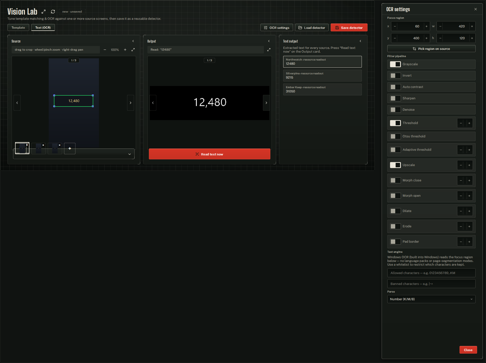 Vision Lab in Text (OCR) mode: Source with a focus region, the Text output card, and the OCR settings window's filter pipeline.