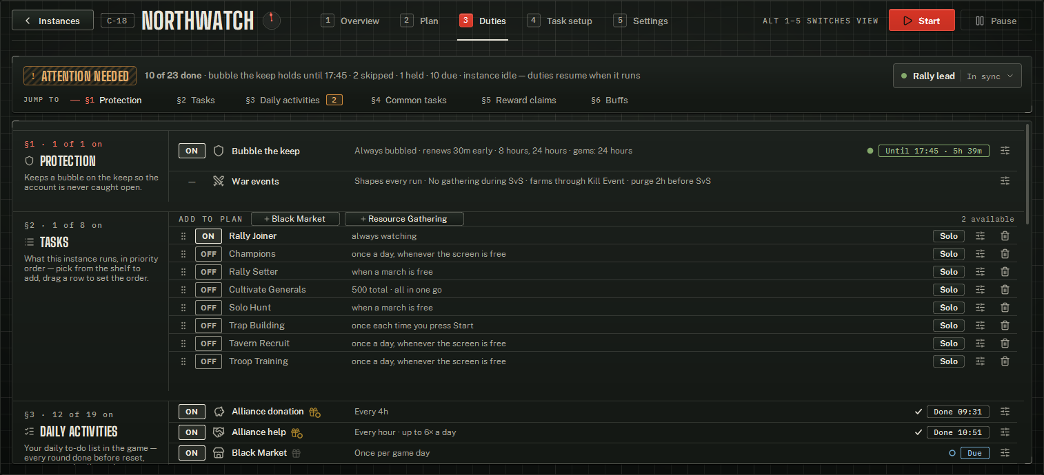 The Duties tab — the verdict line and jump rail on top, then one card per section.