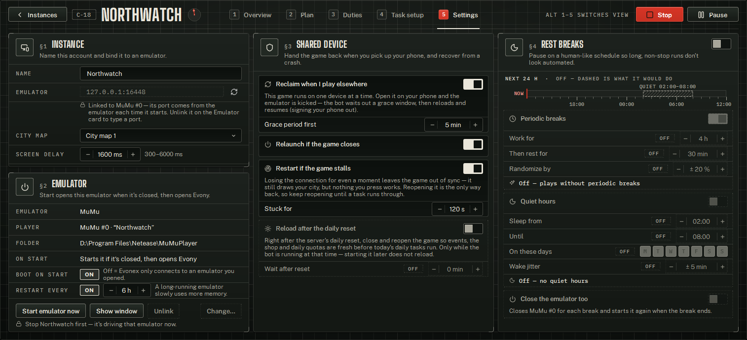 The Settings view: Instance and Emulator (Aurora shows the top of its column; Standing Watch and Prism show all four groups).