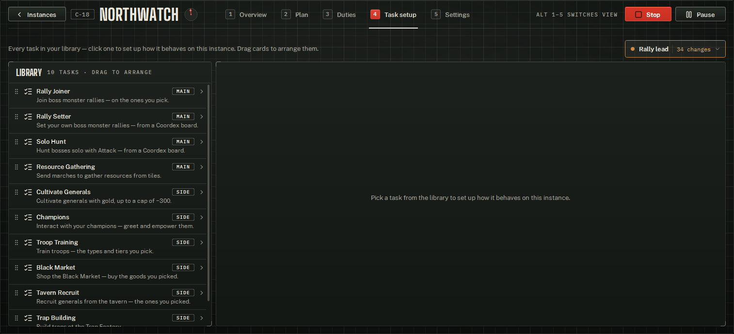 Task setup with no task open: the tasks, and the profile chip at the top right.